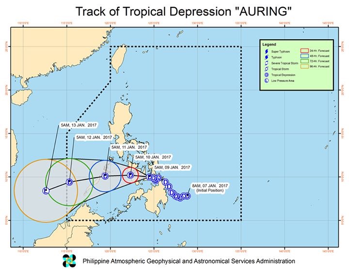 Storm path of tropical depression Auring posted by DOST-Pagasa as of 8 a.m. on Monday.