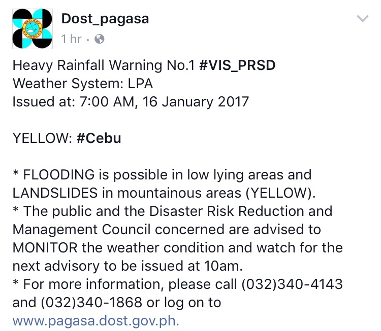 Screenshot of Pagasa's rainfall warning for Cebu.