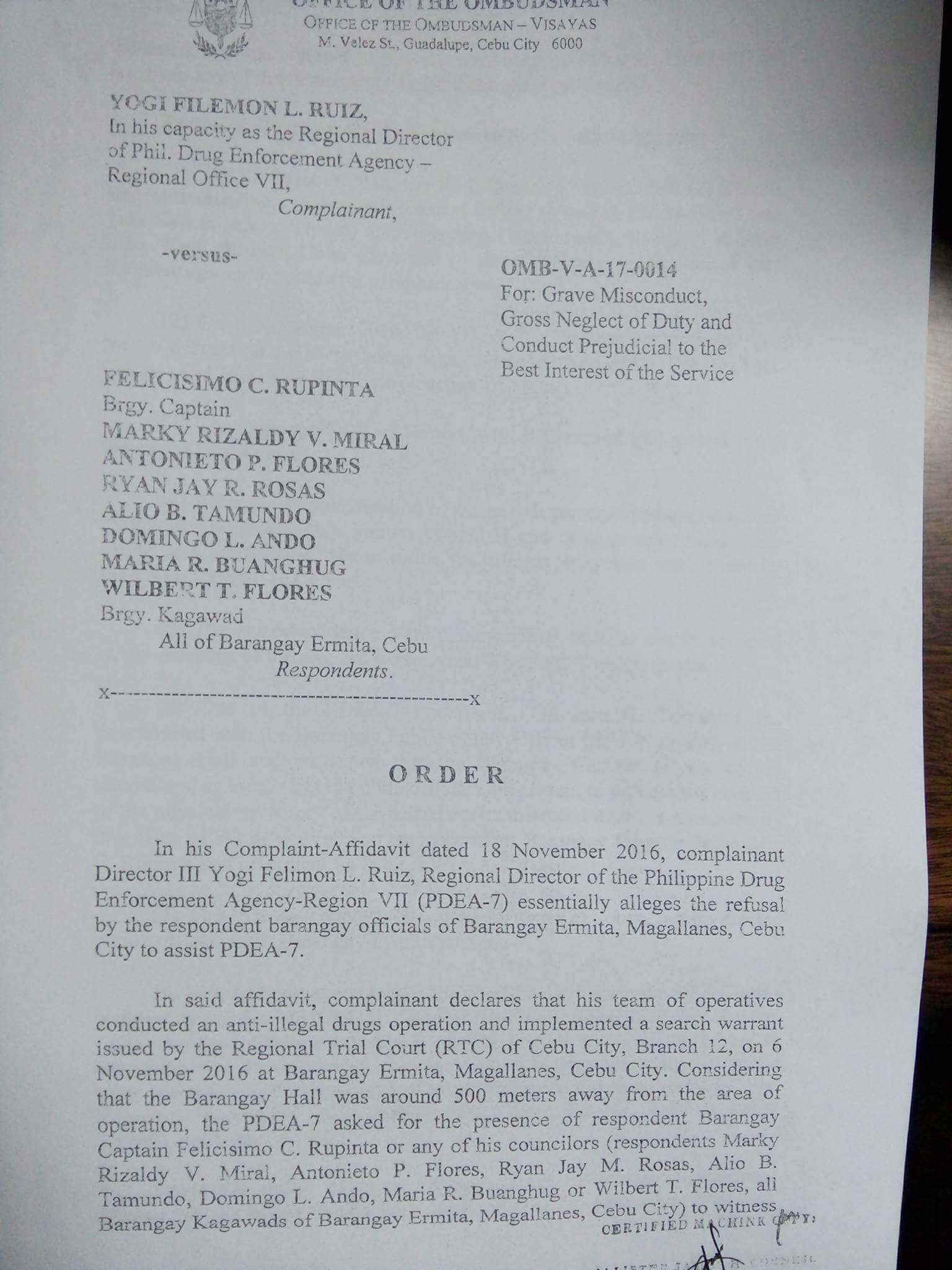A copy of the complaint filed by PDEA 7 Director Yogi Filemon Ruiz against Ermita barangay officials. (CDN PHOTO/ADOR VINCENT S. MAYOL)