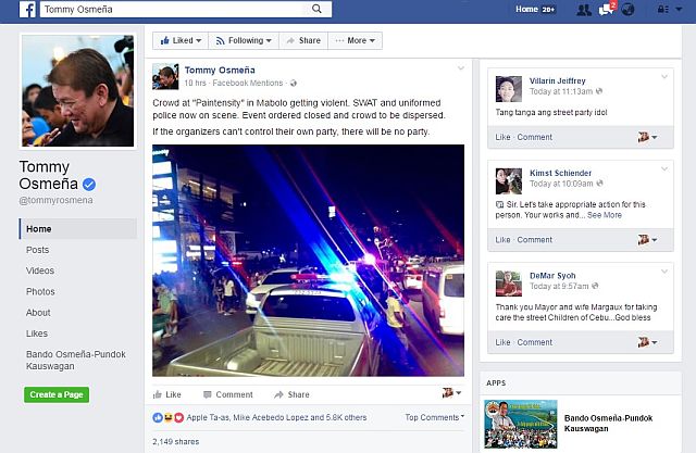 Screenshot of Cebu City Mayor Tomas Osmeña's official Facebook Fanpage.