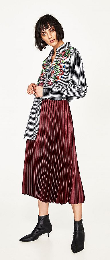 ZARA embroidered  gingham shirt  and pleated skirt