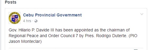 The Facebook page of Cebu Provincial Government posted the announcement on Friday morning that Cebu Governor Hilario Davide III has been appointed as the chairman of Regional Peace and Order Council. (SCREEN GRAB FROM CEBU PROVINCIAL GOVERNMENT’S FACEBOOK PAGE) 
