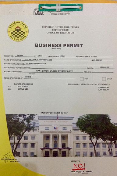 A screenshot of the business permit application of Backflip Restobar shows the word NO on the place where the mayor is supposed to sign his approval (TOMAS OSMEÑA’S FB PAGE)