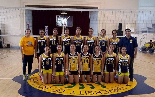 The USPF Lady Panthers together with new mentor Yolanda Rizarri (standing, left most) and trainor Malvin Cabriana (right most). (CONTRIBUTED)
