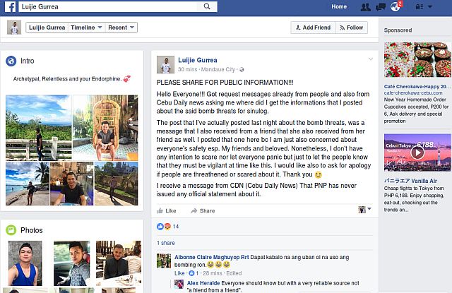 After taking down his post about possible bombings in Cebu during Sinulog, Luijie Gurrea posted this on his wall. 
