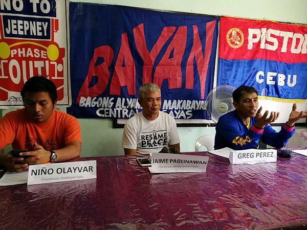 PISTON Cebu will join the nationwide transport strike on  Monday (l–r) Niño Olayvar, Anakbayan Cebu chairperson; Jaime Paglinawan, Bayan Central Visayas chairperson; and Greg Perez, Piston Cebu coordinator made this announcement during a press conference yesterday. CDN PHOTO/CHRISTIAN MANINGO 