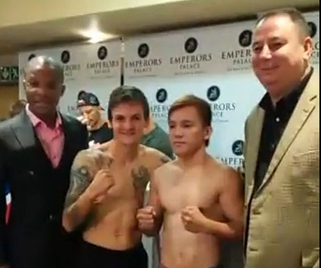 Joey Canoy (2nd  from right) and Hekkie Budler pose after their weigh-in yesterday in Johannesburg, South Africa. (CONTRIBUTED) 