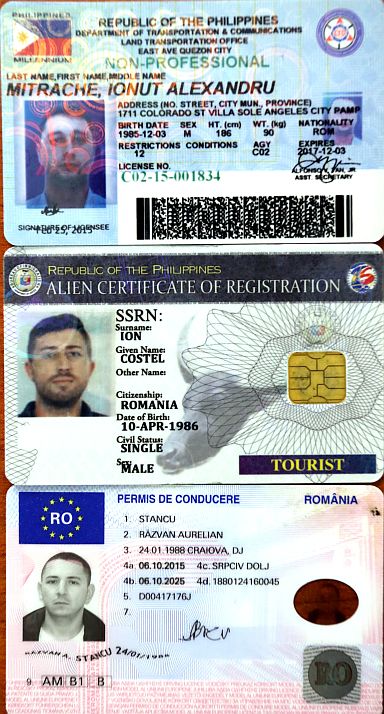 The National Bureau of Investigation releases on Saturday the photos of the ID cards and driver’s license seized from the three Romanians linked to the series of ATM skimming incidents that victimized Land Bank of the Philippines depositors. (CDN PHOTO/JUNJIE MENDOZA)