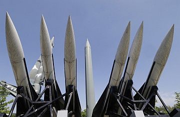 A mock Scud-B missile of North Korea (center) and other South Korean mock missiles are displayed at the Korea War Memorial Museum in Seoul, South Korea, Monday. /AP 