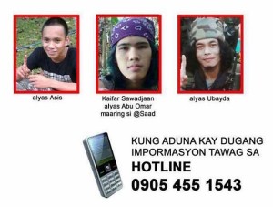 AFP and PNP in Bohol release a poster with the photos of the three remaining members of Abu Sayyaf who are still at large. They are urging the public to report any presence of suspicious-looking persons in their area. (Source:AFP ug PNP)