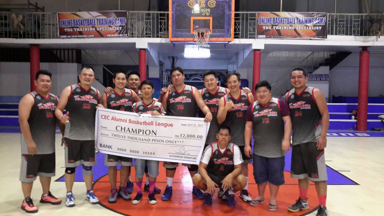 Players of Dimsum Frito whoop it up after winning the championship crown of the Cebu Eastern College (CEC) Alumni Basketball League last Tuesday night at the CEC Gym. /CONTIBUTED PHOTO