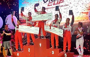 Team Toyota Cebu’s Lord Seno (fourth from left) and Sean Kieran Velasco (third from left) celebrate during the awarding ceremony of the opening leg of the Vios Cup 4 at the Clark International Speedway. contributed
