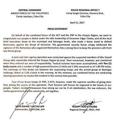 The joint press statement issued by PRO-7 and AFP CentCom. (CONTRIBUTED PHOTO)