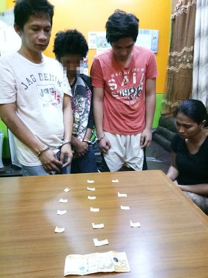 Police confiscated shachets of shabu from the residence of Patrick Roel Legaspi, 36; Christian (not his real name), 16; Rommel Espino, 21; and Melody Legaspi, 37, who were arrested in this Mandaue City residence Thursday night.  Norman Mendoza 