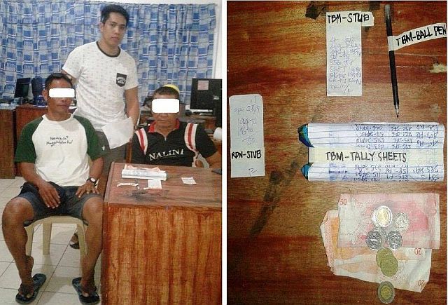Two suspects arrested during the Anti-Illegal Gambling Operation in Liloan lead by Deputy Chief of Police, SPO4 Wilfredo A. Caturza with the confiscated items used for illegal gambling | (Contributed Photo/ PCR Liloan)