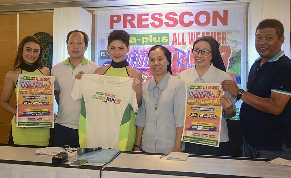 From left, Kelly Welt, Pepito Lim, Janny Mepina of A-Plus Paints, Sr. Myra Mondia, DC, and Sr. Rowena Pacificar, DC, of Asilo dela Milagrosa, and Joel Baring during the A-Plus All Weather Color Run press conference at the Quest Hotel.  CDN PHOTO/CHRISTIAN MANINGO