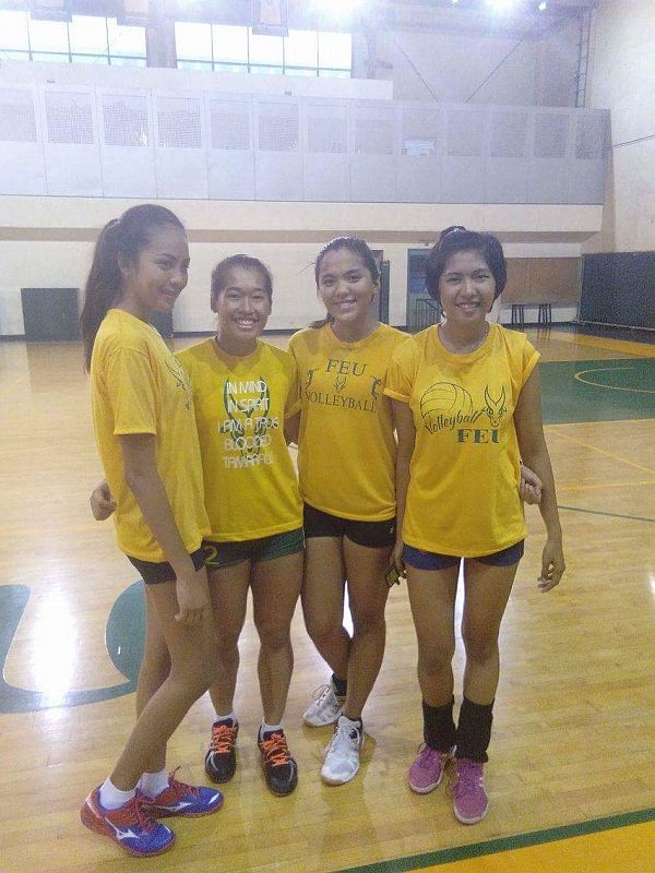 FEU Lady Tamaraw spiker Bernadeth Pons welcomes new Cebuana teammates    Zenneth Perolino (left most), Alla Caputolan (3rd from left) and Clavel Dejito (right most). /CONTRIBUTED PHOTO