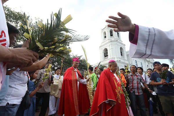 Cebu Archbishop Jose Palma leads a procession at the Cebu Metropolitan Cathedral while a priest blesses the palm fronds of the faithful at the Basilica del Sto. Niño. In Manila, Archbishop Luis Antonio Tagle blesses the palm fronds of the faithful at the Manila Cathedral.