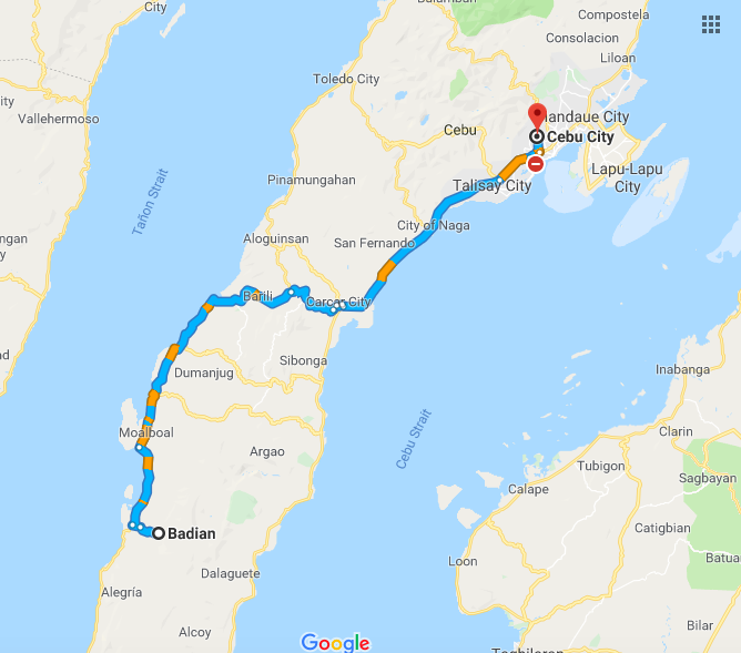 Google map, outlying the path to Badian from Mandaue City
