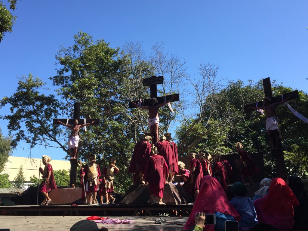 Jesuc Chist is crucified -- a scene in the passion play, Buhing Kalbaryo in Cebu City on Good Friday 2019. | Delta Dyrecka Letigio