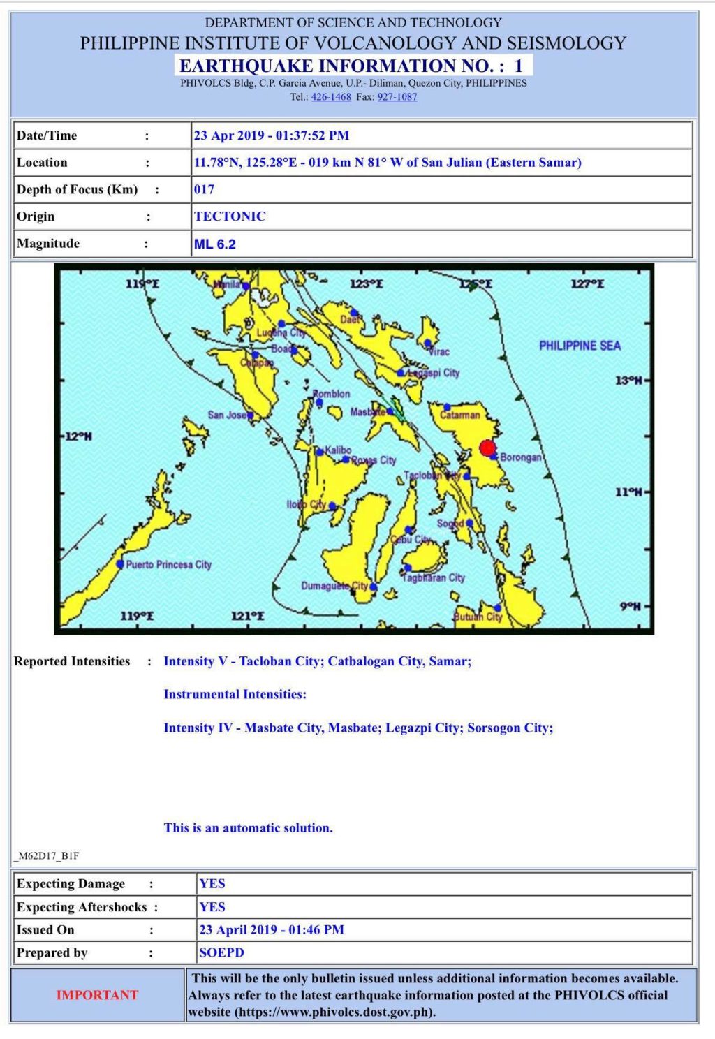 Magnitude 6.2 earthquake rocks Eastern Samar; several aftershocks reported