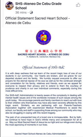 Official statement of Sacred Heart School - Ateneo de Cebu on the death of one of its students.