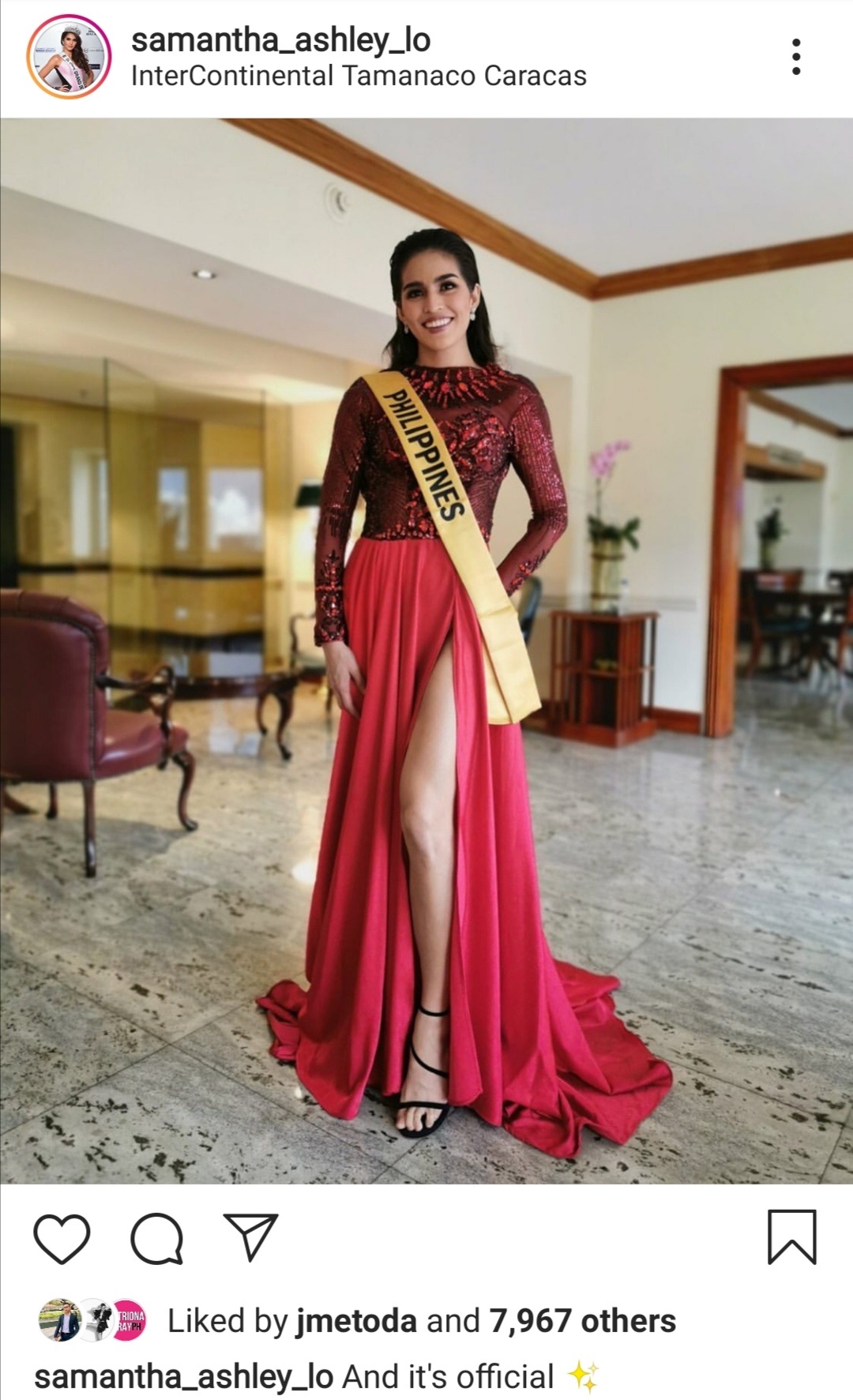 Samantha Ashley Lo is in Venezuela to represent the Philippines in the Miss Grand International 2019 pageant. | Screenshot of Samantha Lo's Instagram post 