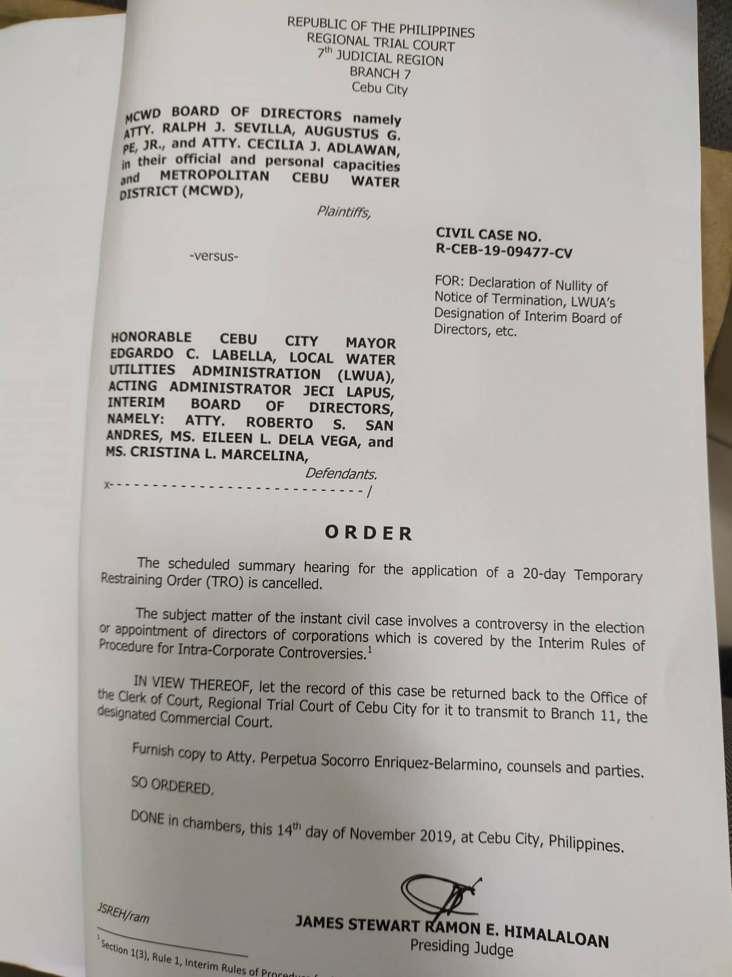 Wrong court Hearing to stop Labella's move to sack MCWD Board of