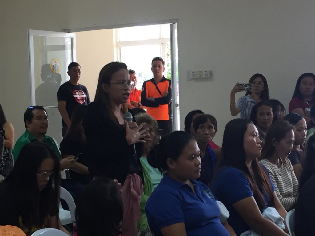 A resident of Barangay Taptap raises her concerns about their barangay being host to persons under monitoring for Coronavirus Disease 2019 in an open forum with Cebu City Mayor Edgardo Labella, City Health Officer Daisy Villa, and other city officials on Friday, February 21, 2020. | Delta Letigio