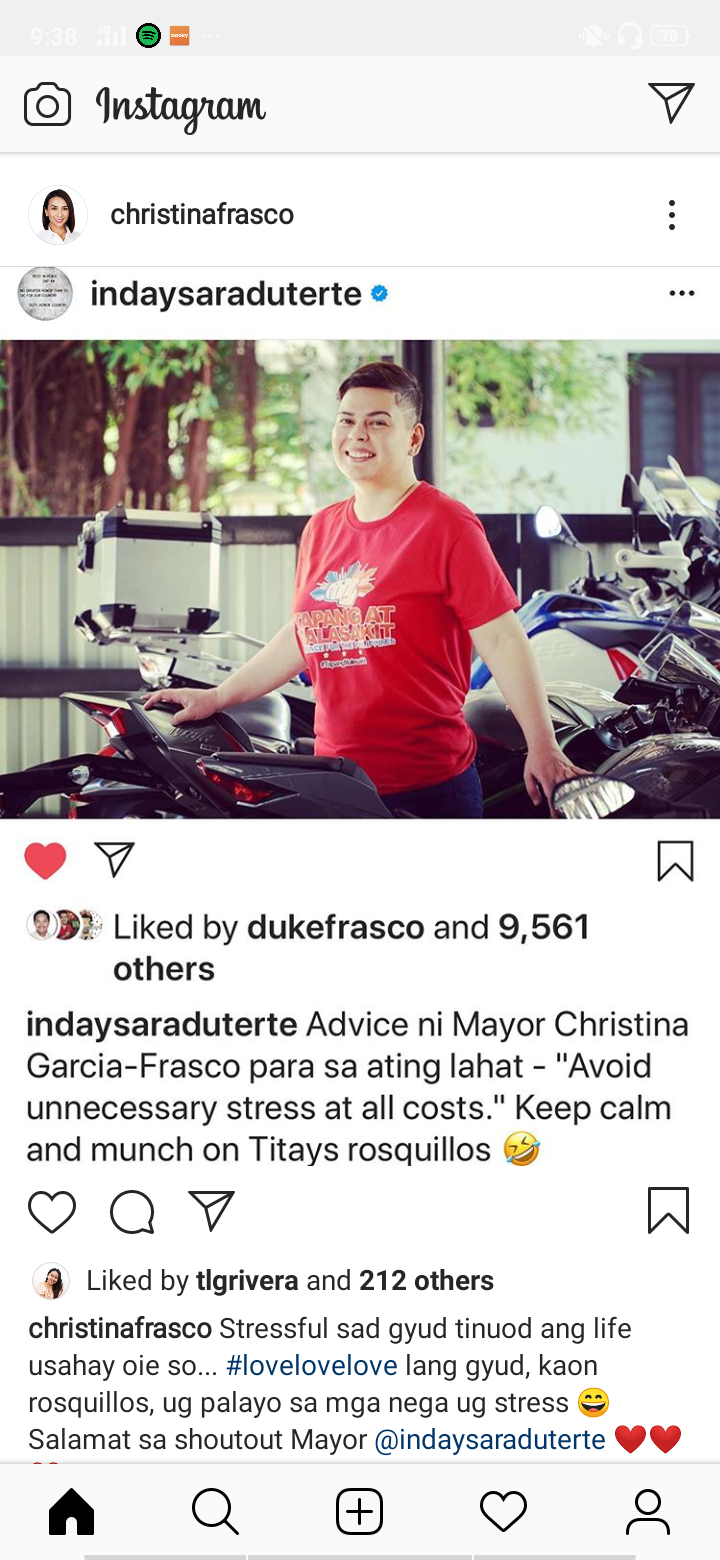 Davao Mayor Sara Duterte-Carpio's IG post about rosquillos being a stress reliever which was posted on Liloan City Mayor Christina Garcia-Frasco's IG account too. | screengrabbed from Frasco's IG post