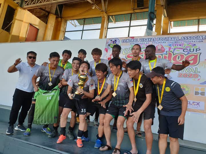 Makoto FC celebrates their Men's Open championship with Central Visayas Football Association (CVFA) board member Josephril Partosa (extreme left) in the 10th Sinulog Cup Football Festival held February 29-March 1, 2020 at the Cebu City Sports Center and San Roque football field. Aside from that, the Don Bosco Technical College football teams also clinched the titles in the Boys 17, Boys 15, Mixed Under 13 and Under 9 of the Sinulog Football Festival. | Contributed Photo