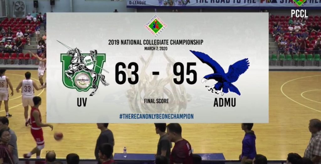This is a screenshot of the final score of the Ateneo de Manila University Blue Eagles and the University of the Visayas Green Lancers during their final four game of the Philippine Collegiate Championship League tournament in Pasig City, Metro Manila today, March 7, 2020. | PCCL