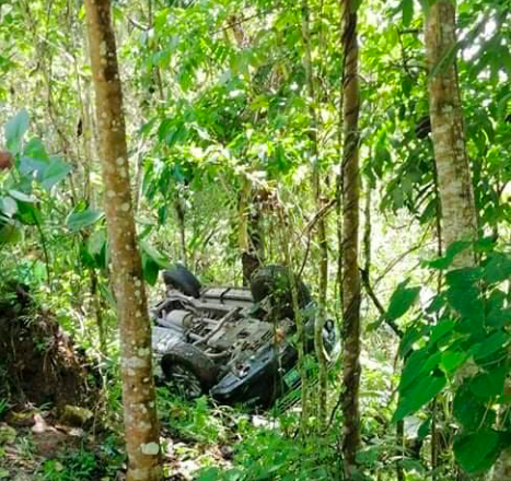 An overturned Toyota Fortuner is seen stuck in a tree in the middle of the ravine in Barangay Sirao, Cebu City. The vehicle fell off the ravine at past 1 p.m. of March 8, 2020. | Contributed photo