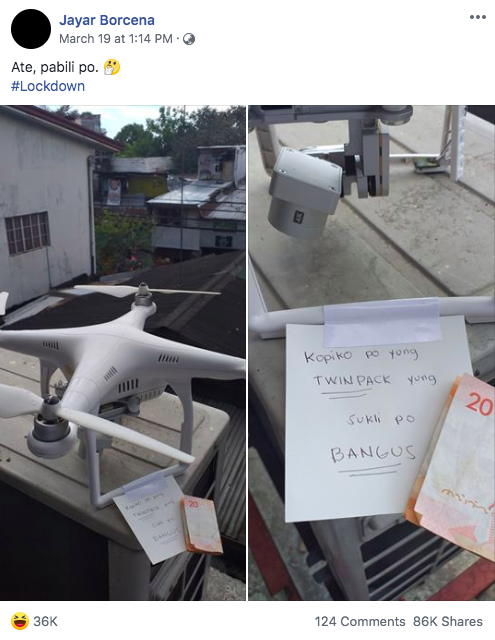 This is the meme of the netizen on how to buy things from a sari-sari store using his drone.