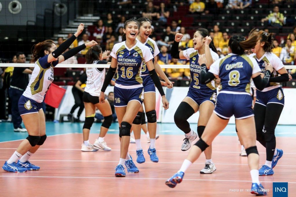 Chinnie Pia Arroyo (3) and the rest of the National University Lady Bulldogs celebrate a point in a game against the University of Santo Tomas Lady Tigresses in a UAAP Season 82 game on Wednesday, March 4, 2020. | Inquirer photo