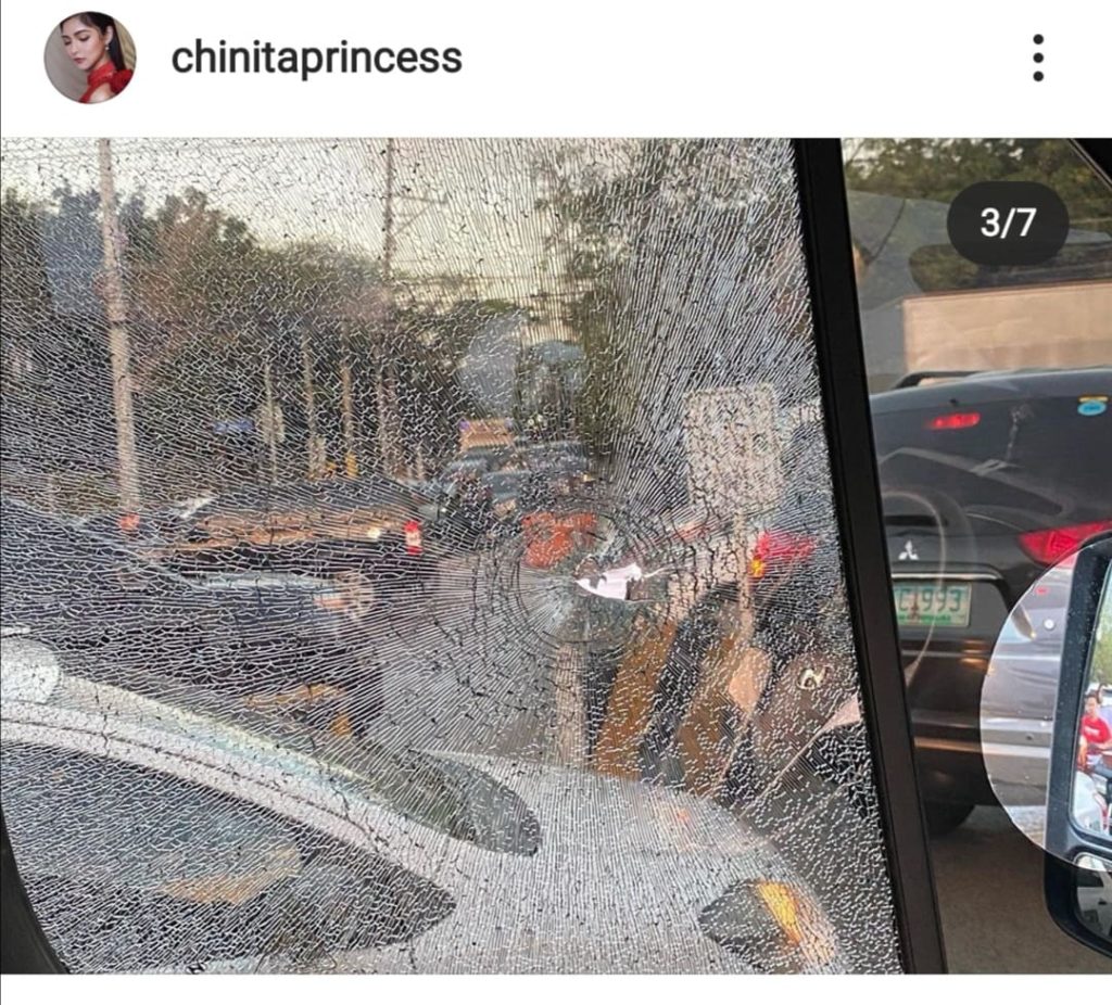 Broken window of Kim Chiu's van