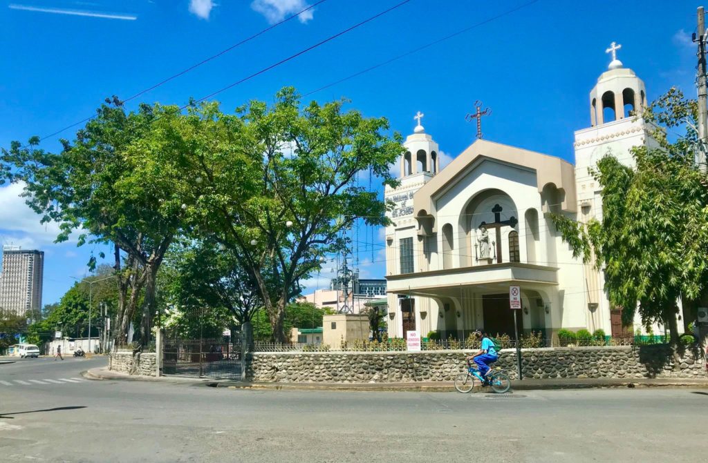 Mandaue police ready to secure Dawn Masses in the city. In photo is the National Shrine of St. Joseph in Mandaue City. 