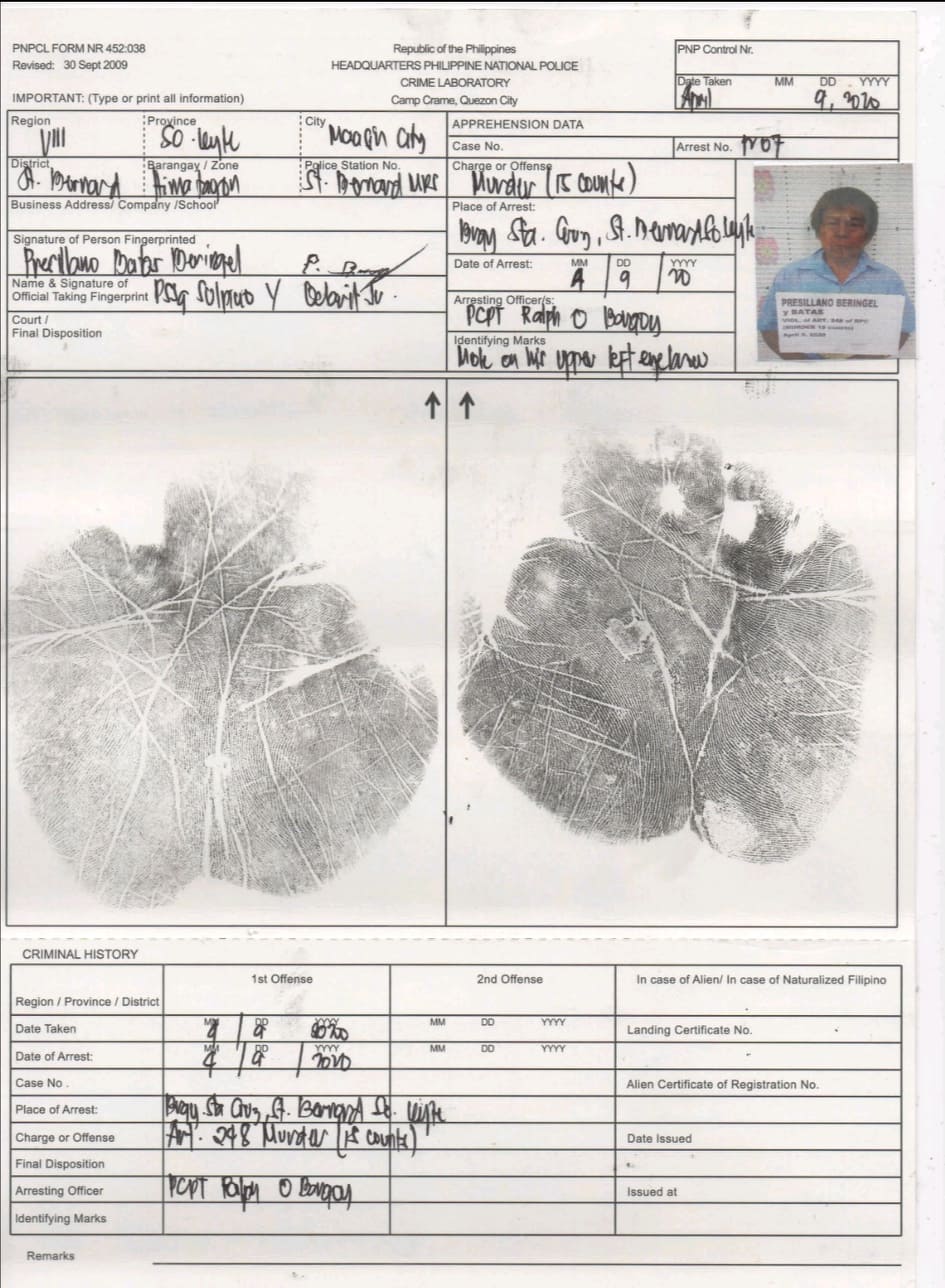 This is the crime report of the police crime laboratory report on Prescillano Batas Beringuel, a farmer accused of killing 15 people as a member of the CPP-NPA. He was arrested in Saint Bernard town on April 9, 2020. | Contributed photo