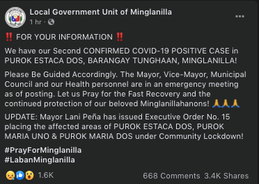 The Minglanilla LGU's post about putting three puroks under lockdown because of a new COVID-19 case in Purok Estaca Dos in Barangay Tunghaan. | screen grabbed from Minglanilla LGU's FB pag