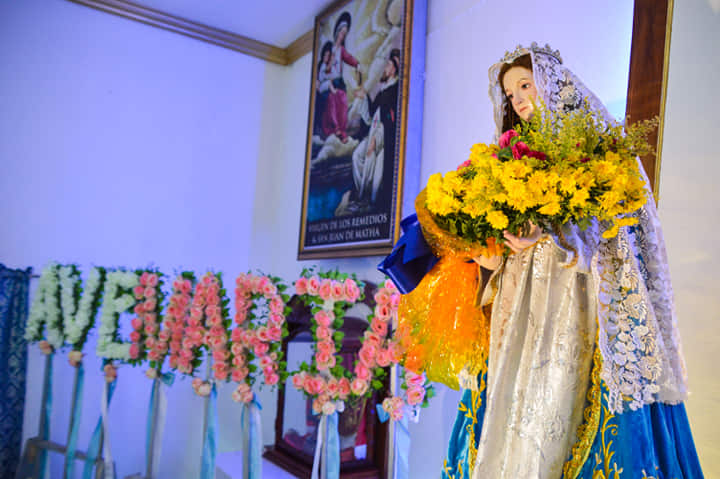 SANTACRUZAN AND FLORES DE MAYO to be done inside church premises. In photo are Letters that spell 'Ave Maria' stand beside the image of the Blessed Virgin Mary inside the Parroquia de Virgen Remedios in Minglanilla, Cebu as the parish virtually continues their celebration of Flores de Mayo. | Contributed photo