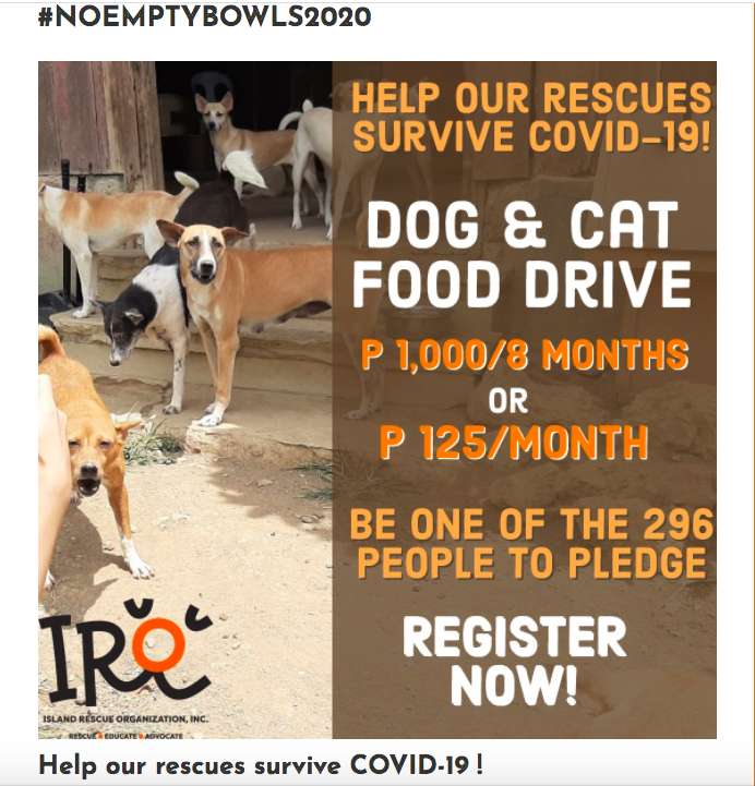 The IRO is looking for more pledgers to help them feed their rescued animals in their shelter. | IRO FB