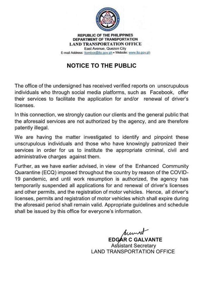 This is the LTO statement warning the public on unscrupulous persons involved in unauthorized online transactions. | screenshot of LTO statement