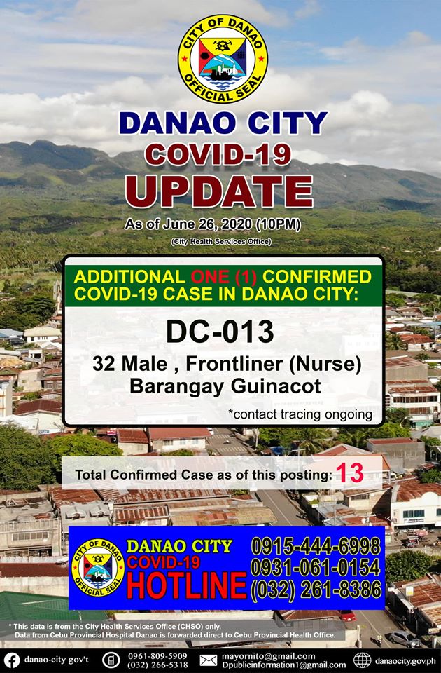 This graphics show that a male nurse, a frontliner, is the latest COVID-19 case in Danao City on June 26. | Danao City FB page