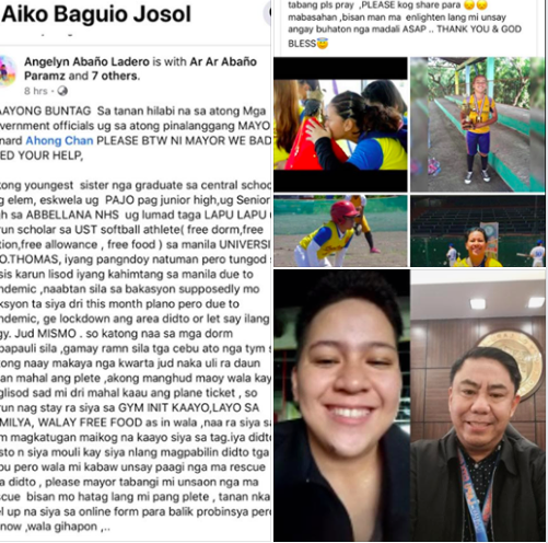 Softball athlete, Aririane Parame has helped a stranded athlete from Lapu-Lapu City to return home to her family in the city. 