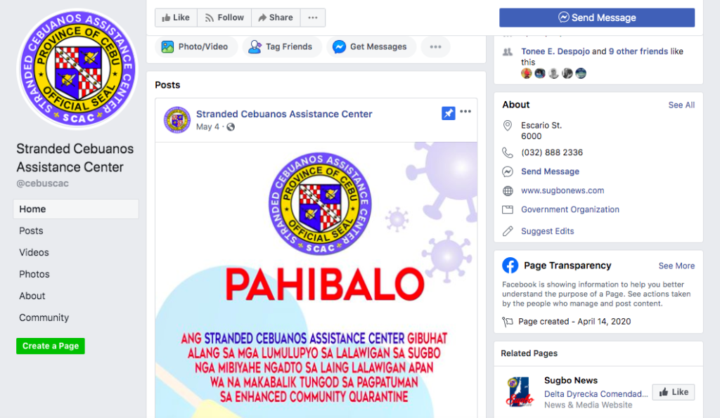 This is the screenshot of the Stranded Cebuanos Assistance Center Facebook page of the Cebu Provincial Government.  The governor through the FB page which helped facilitate the financial assistance of stranded Cebuanos. The Capitol has since released P2.3 million worth of financial assistance to 847 stranded Cebuanos. | screenshot of SCAC.