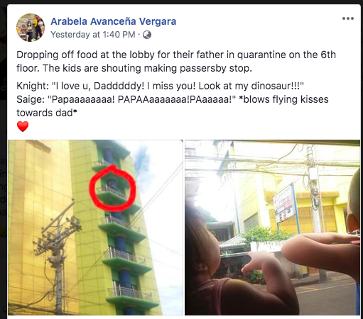 The family, specifically two children, of a fireman shouts I love yous from the street in front of the hotel where their dad is being quarantined. | screen shot of Vergara's FB page