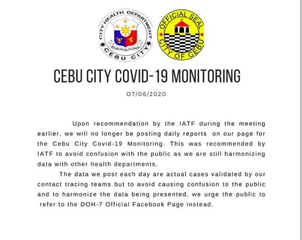 This is the statement of the IATF with regards to the harmonizing of data between the DOH and the Cebu City Health Department.