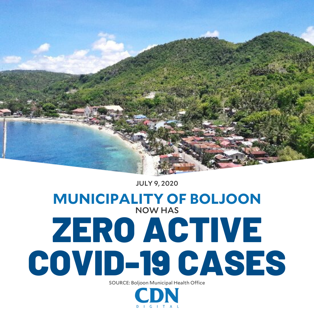 The Municipality of Boljoon in southern Cebu now has zero active COVID-19 cases after the Municipal Health Office reported the recovery of its last active patient this Thursday, July 9, 2020.