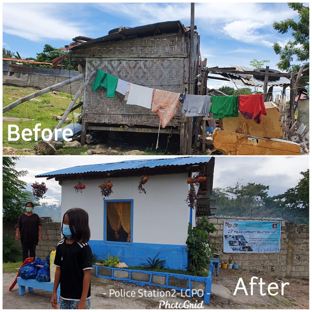 Police officers of Police Station 2 of Lapu-Lapu City turn a shanty (top photo) into a small semi-concrete house enough for a scavenger mom's family of six to comfortably be dry when it rains. (above photo).| Photo from Station 2
