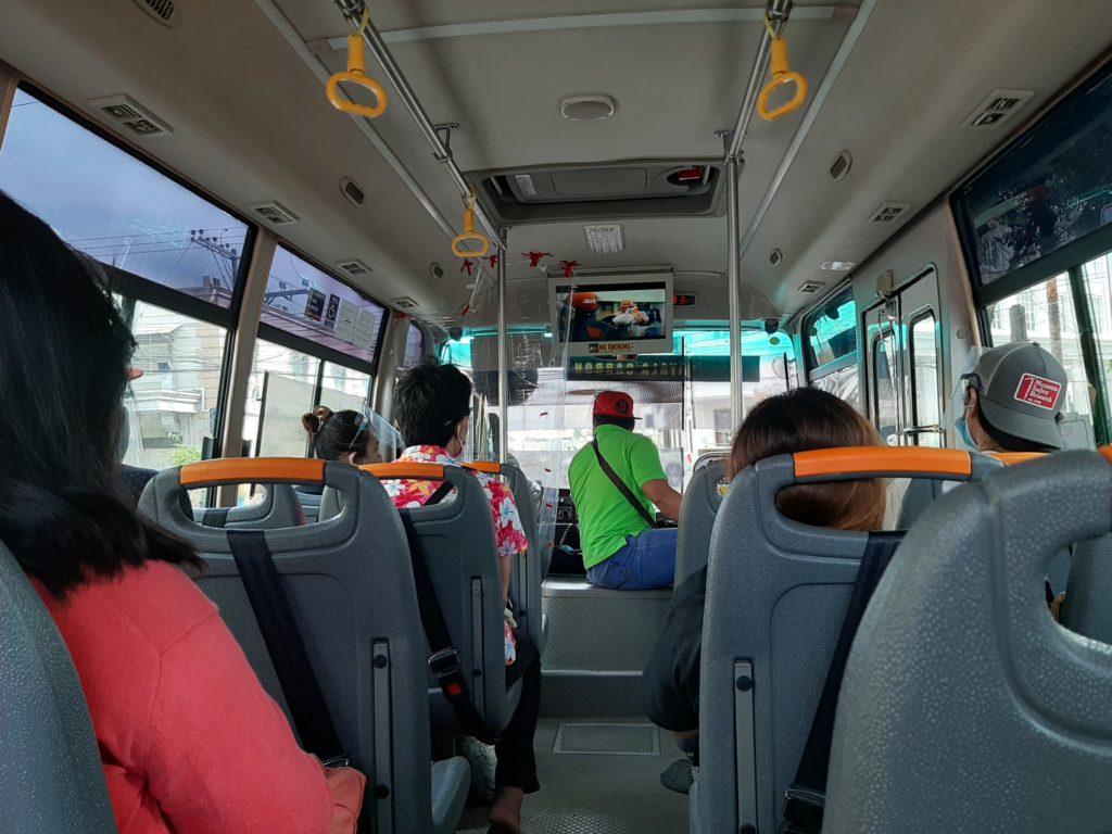 Passengers of a bus in Metro Cebu observe social distancing. The EOC says that public transport with more people getting out to work is one of the areas to watch out for. 